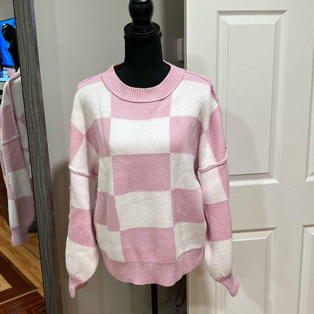 Pink and white check sweater Small  worn once purchased at local boutique